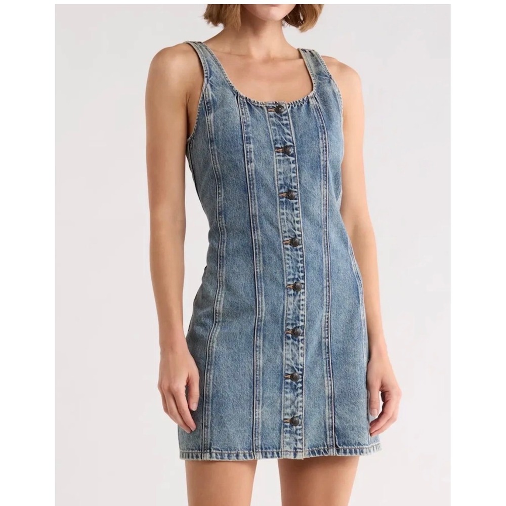 Rag & Bone Blue Acid Wash Denim Button Front Mini Dress Size 8 Sleeveless Scoop